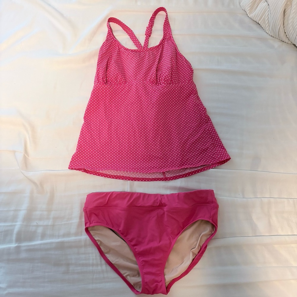 Women’s Pink Tankini Swim Set - Polka Dot Top & Solid Bottom